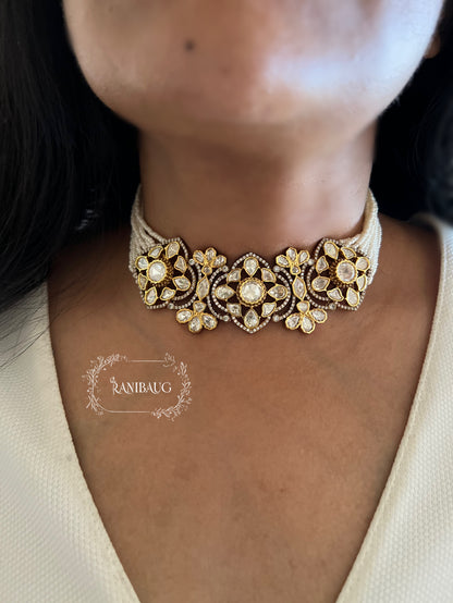 Reva Antique Gold Finish Polki Kundan Floral Design Pearl Set By Ranibaug