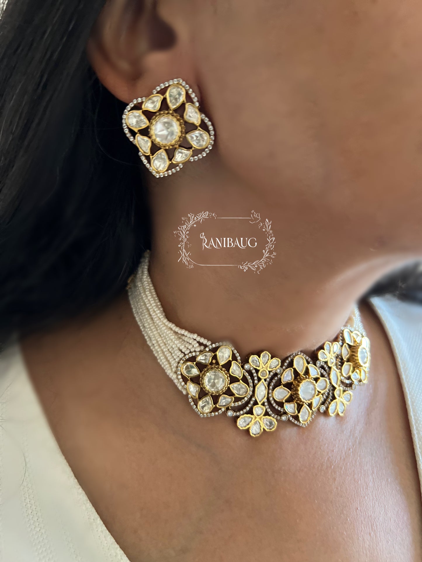 Reva Antique Gold Finish Polki Kundan Floral Design Pearl Set By Ranibaug