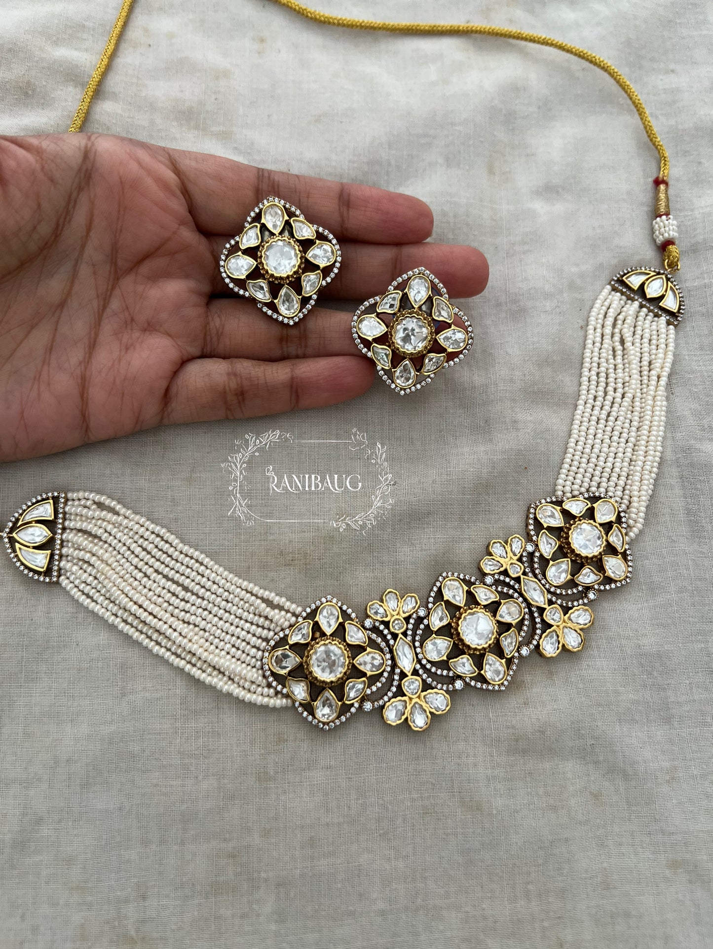 Reva Antique Gold Finish Polki Kundan Floral Design Pearl Set By Ranibaug
