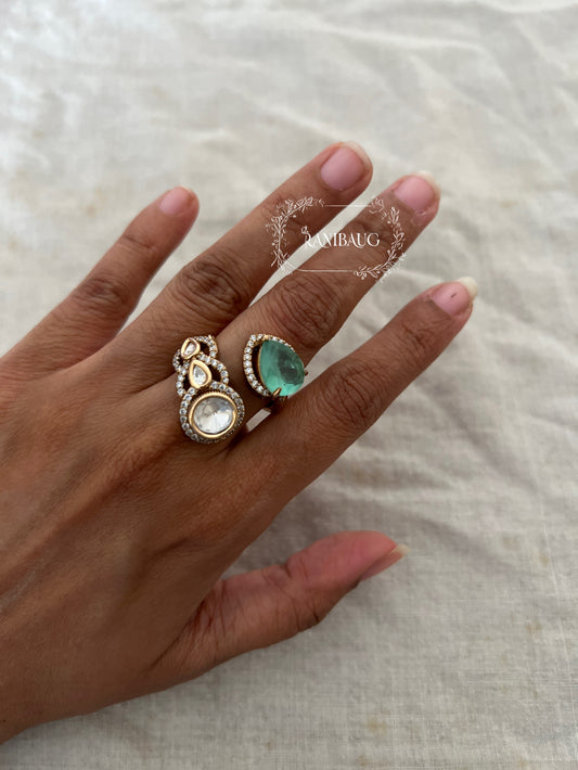 Reva Polki And Teardrop Stone Motif Wrapped Style Finger Ring Jewelry In Rich Gold Finish By Ranibaug