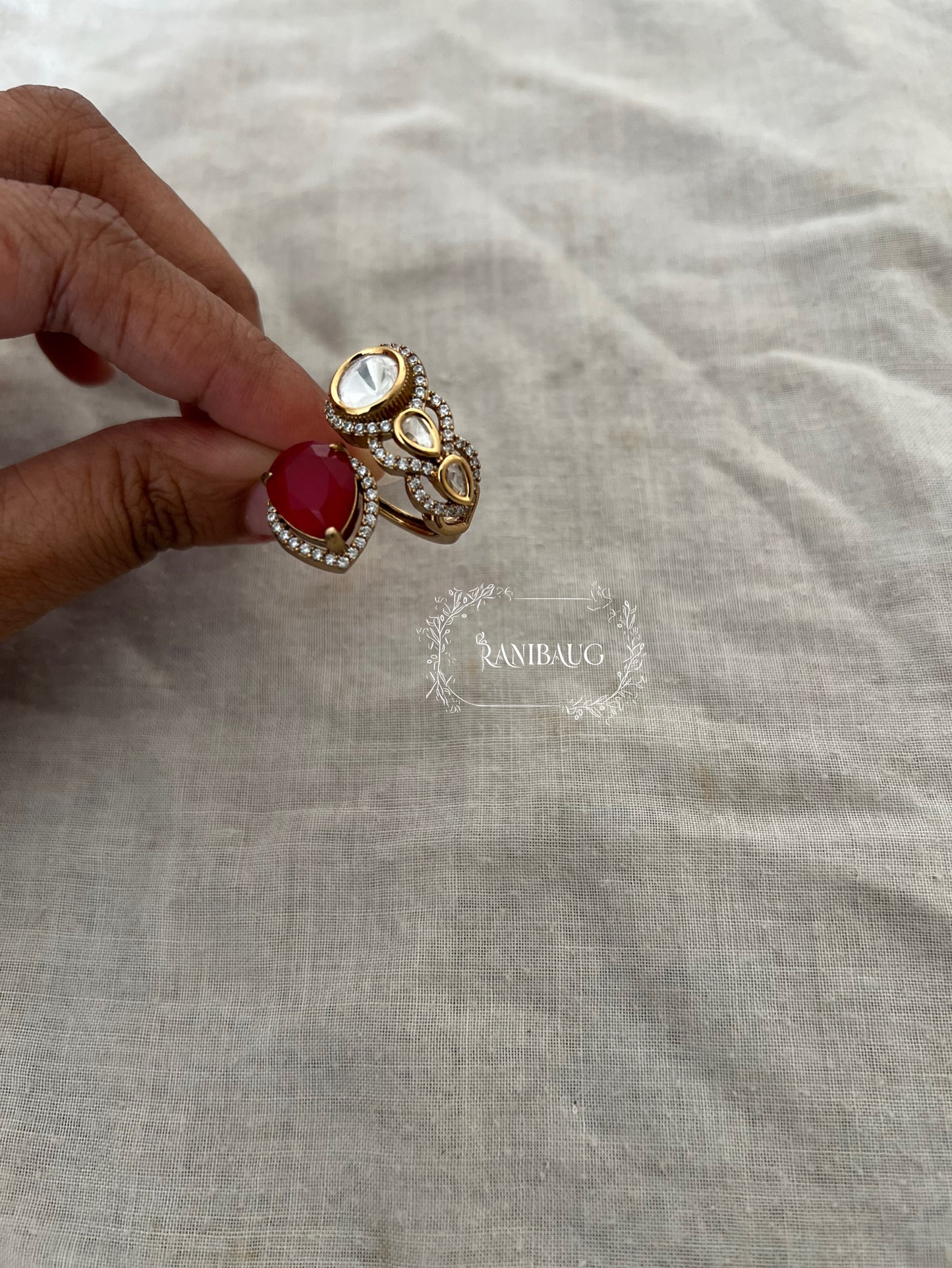 Reva Polki And Teardrop Stone Motif Wrapped Style Finger Ring Jewelry In Rich Gold Finish By Ranibaug