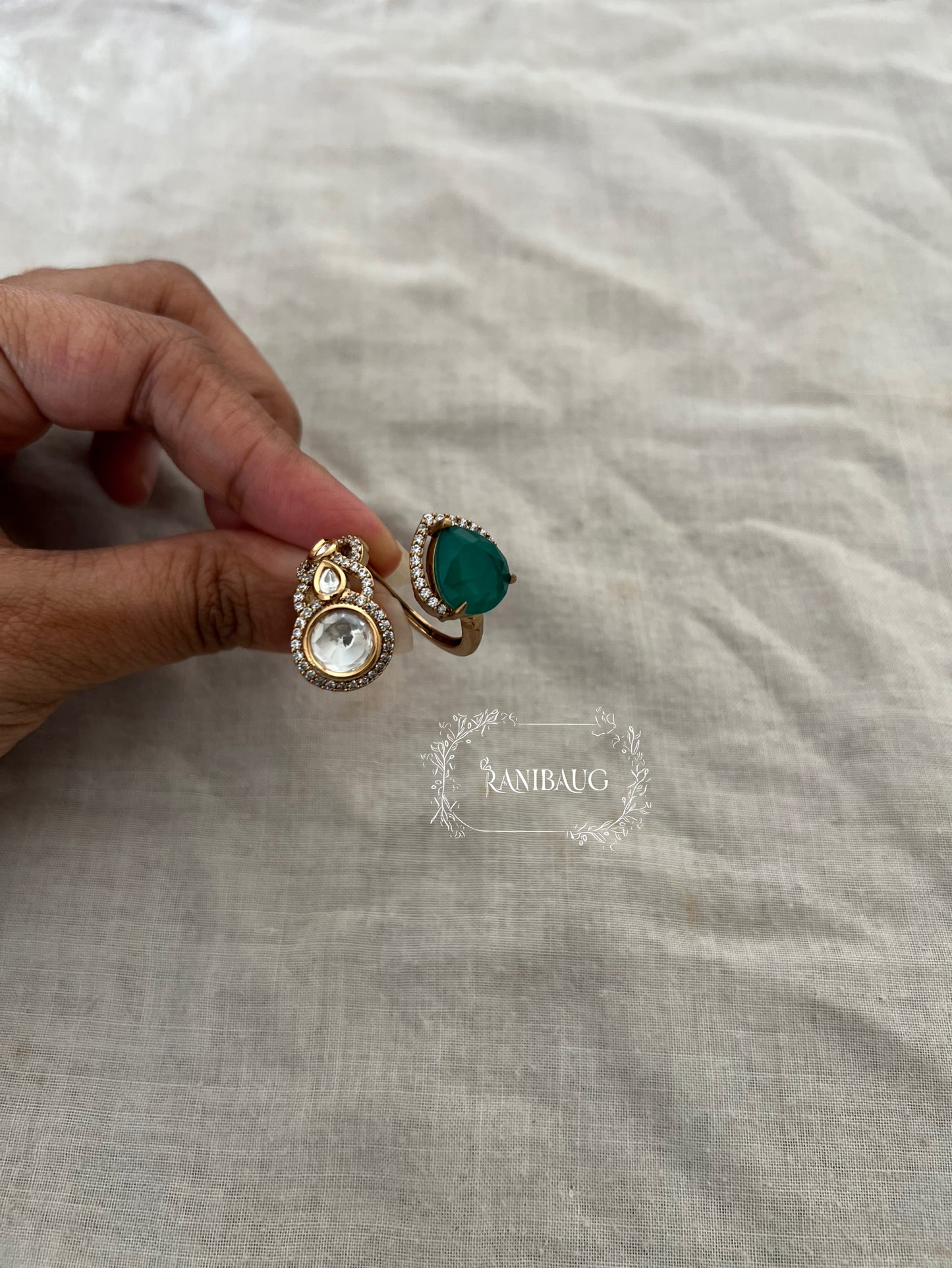 Reva Polki And Teardrop Stone Motif Wrapped Style Finger Ring Jewelry In Rich Gold Finish By Ranibaug