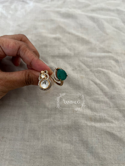 Reva Polki And Teardrop Stone Motif Wrapped Style Finger Ring Jewelry In Rich Gold Finish By Ranibaug