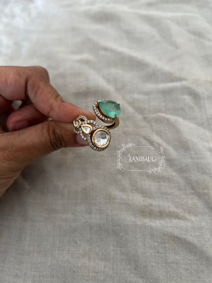 Reva Polki And Teardrop Stone Motif Wrapped Style Finger Ring Jewelry In Rich Gold Finish By Ranibaug