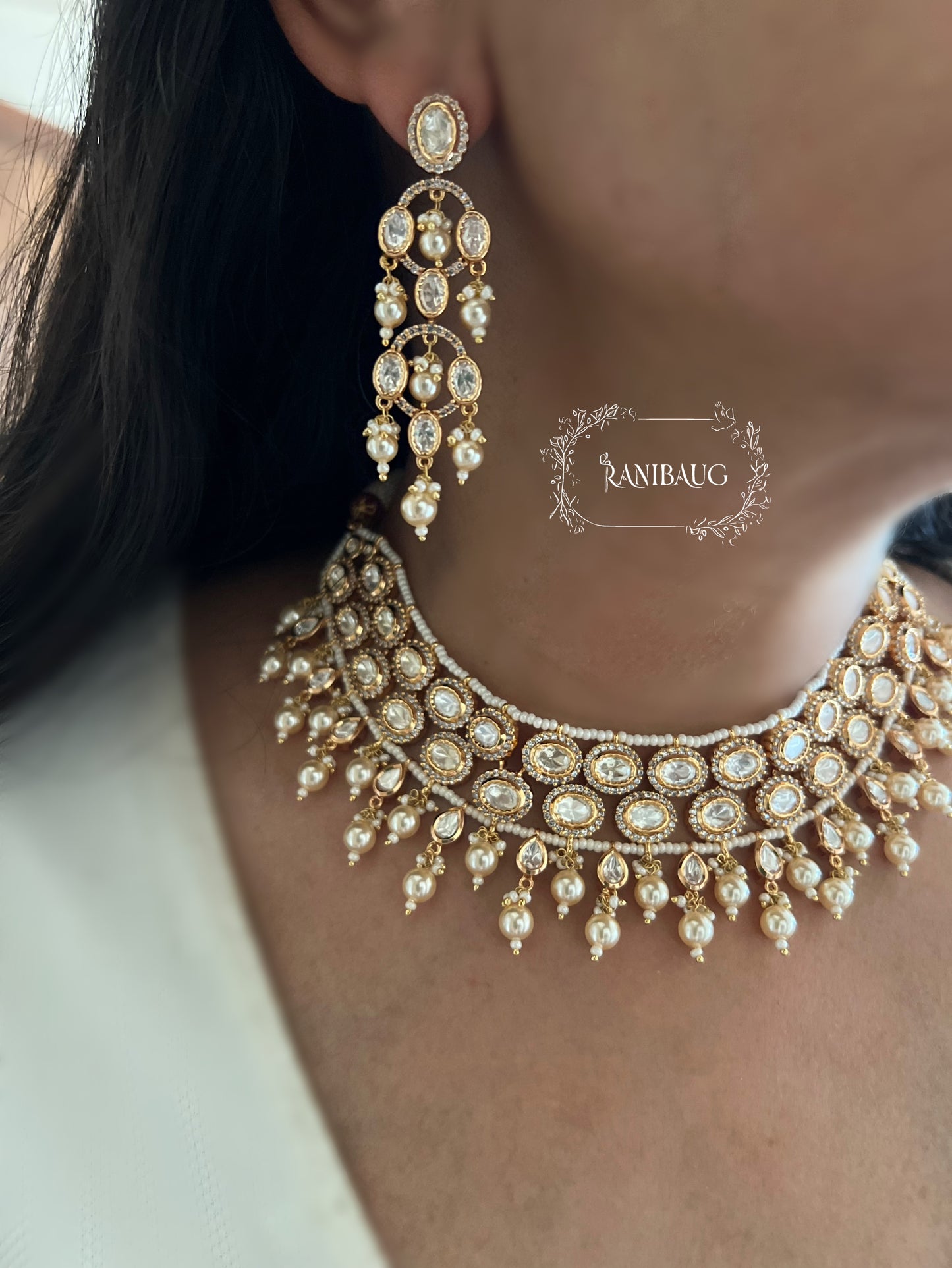 Revani Rich Gold Finish Polki Studded Pearl Fringe Necklace Set By Ranibaug