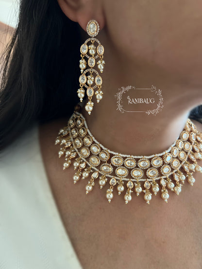Revani Rich Gold Finish Polki Studded Pearl Fringe Necklace Set By Ranibaug