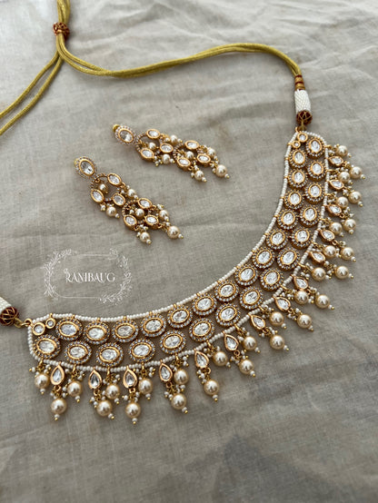 Revani Rich Gold Finish Polki Studded Pearl Fringe Necklace Set By Ranibaug