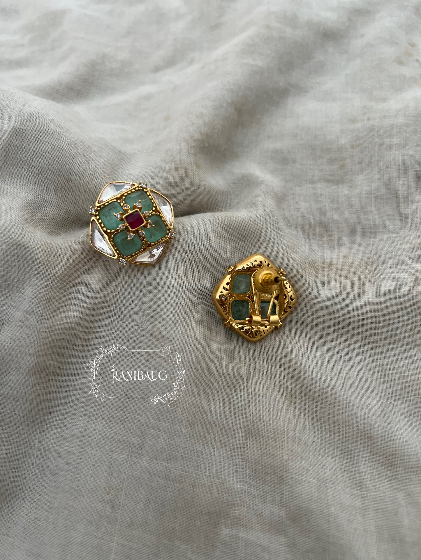Revaya Mint Green Gems Polki Kundan Studded Square Ear Studs By Ranibaug