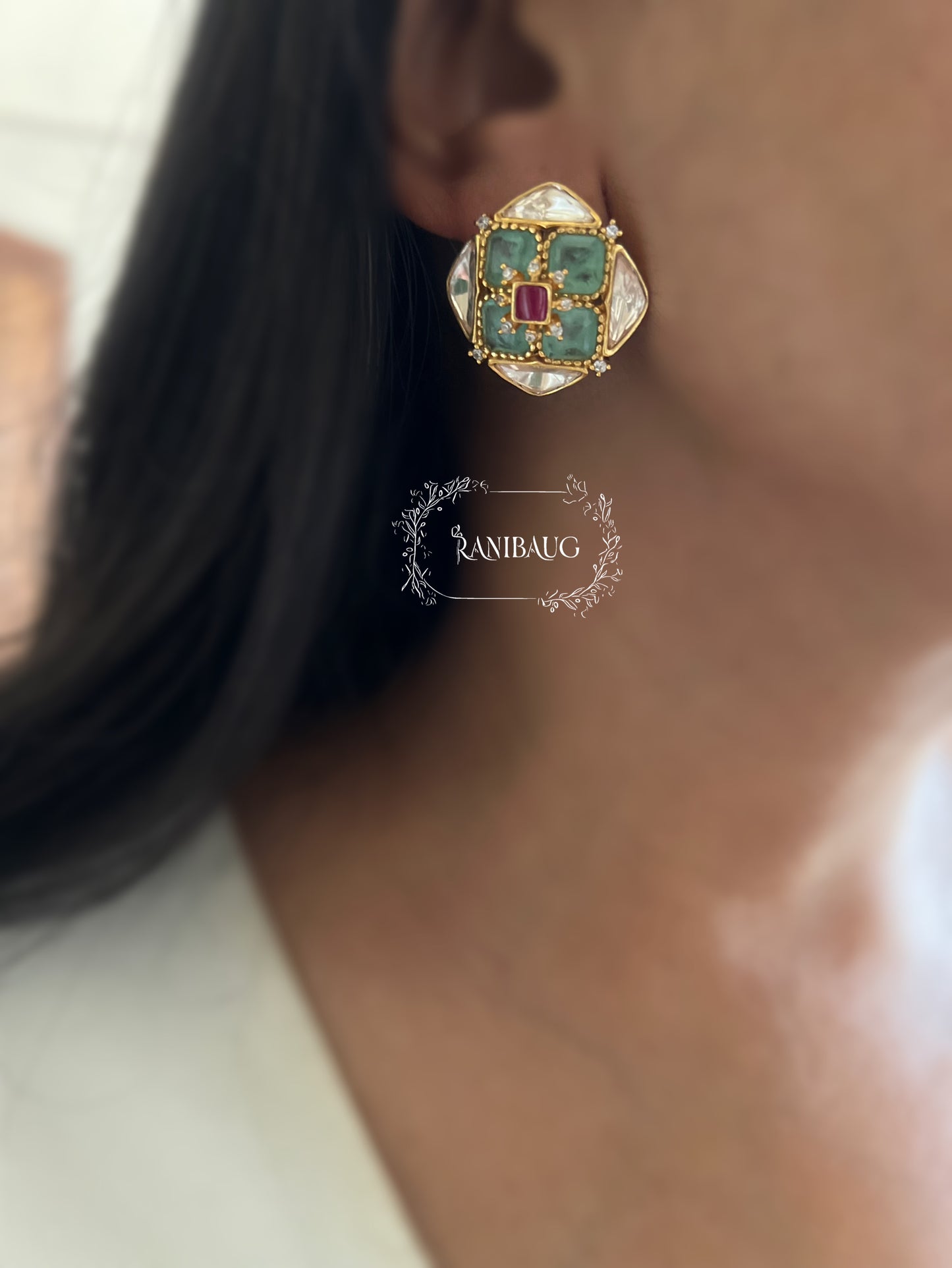 Revaya Mint Green Gems Polki Kundan Studded Square Ear Studs By Ranibaug