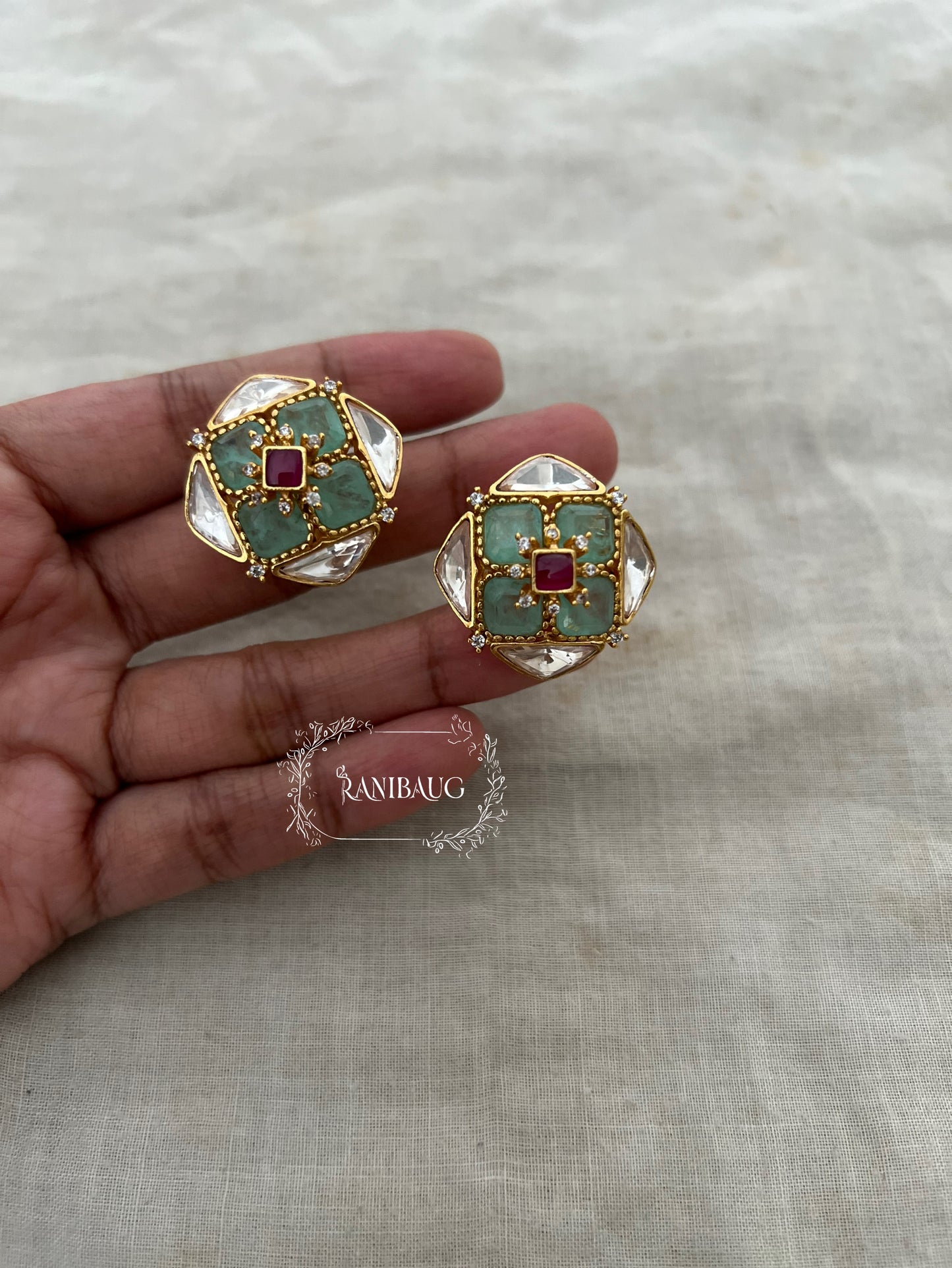 Revaya Mint Green Gems Polki Kundan Studded Square Ear Studs By Ranibaug