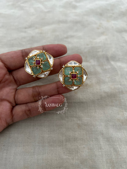 Revaya Mint Green Gems Polki Kundan Studded Square Ear Studs By Ranibaug