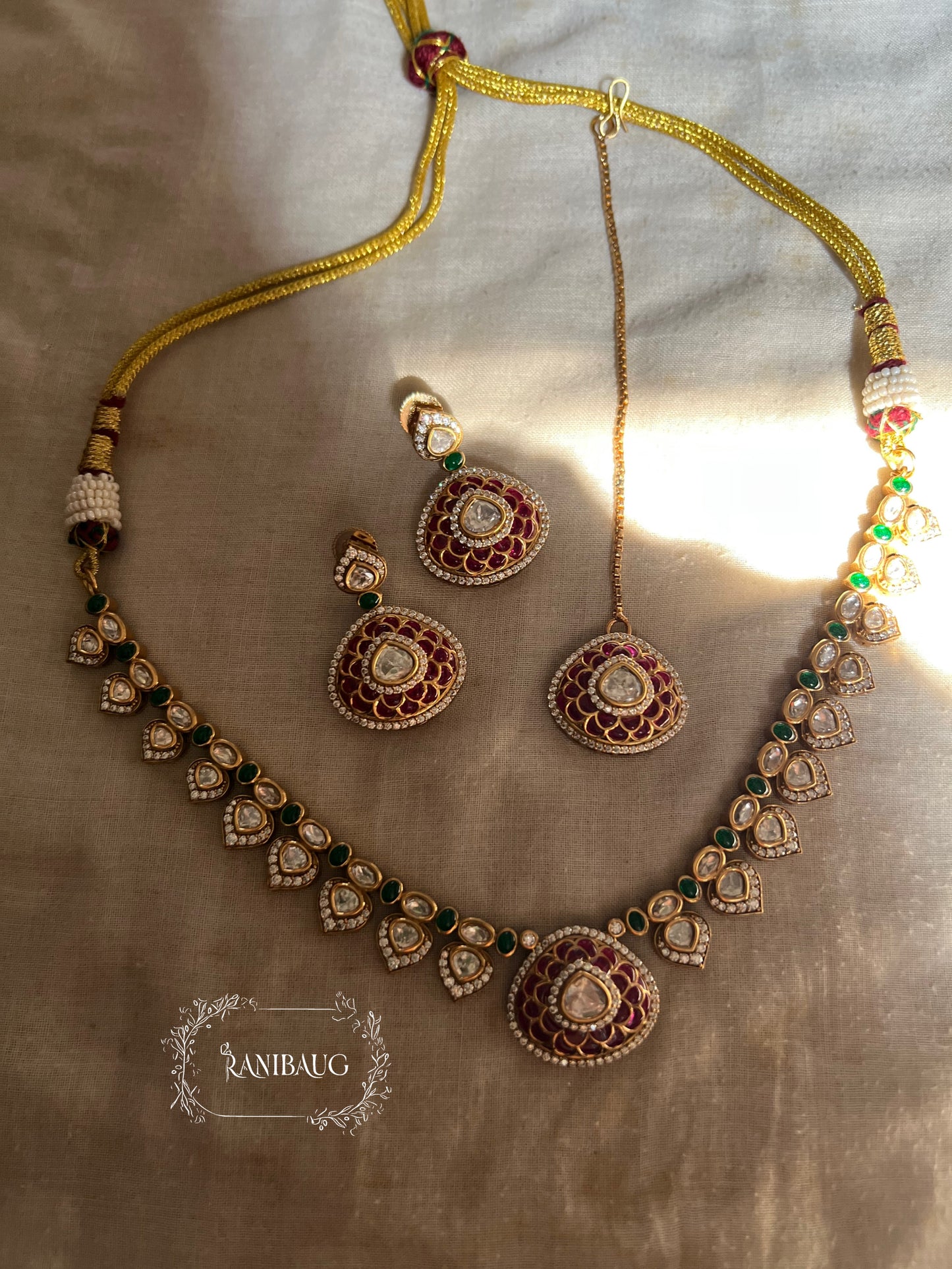 Rhea Heritage Inspired Enamel Polki Gold Finish Necklace Jewellery Set By Ranibaug