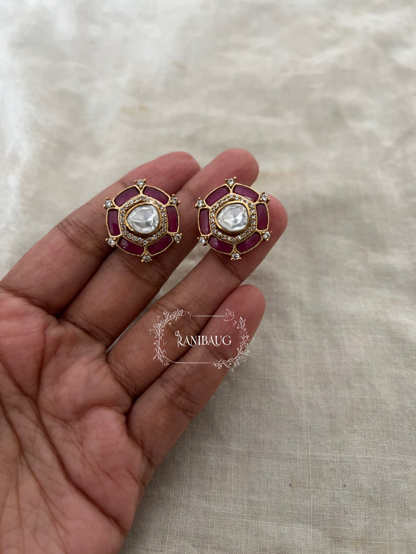 Rheana Gold Finish Red And Green Stone Adorned Kundan Studded Ear Stud By Ranibaug