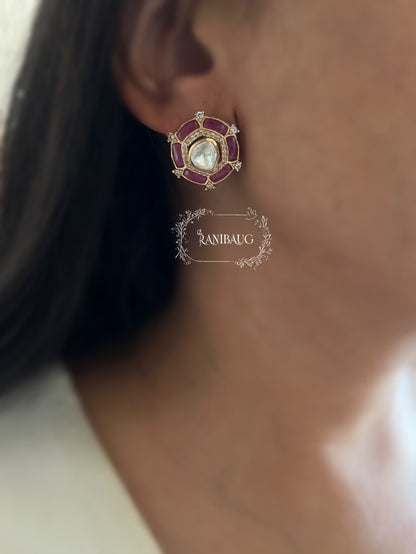Rheana Gold Finish Red And Green Stone Adorned Kundan Studded Ear Stud By Ranibaug