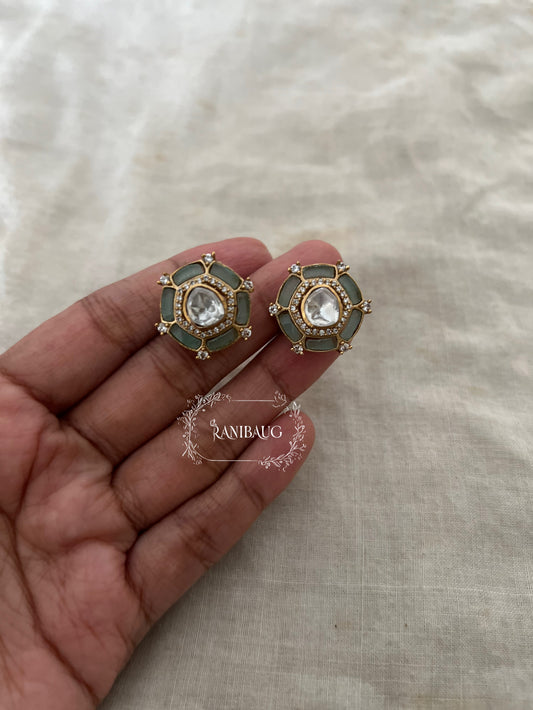 Rheana Gold Finish Red And Green Stone Adorned Kundan Studded Ear Stud By Ranibaug