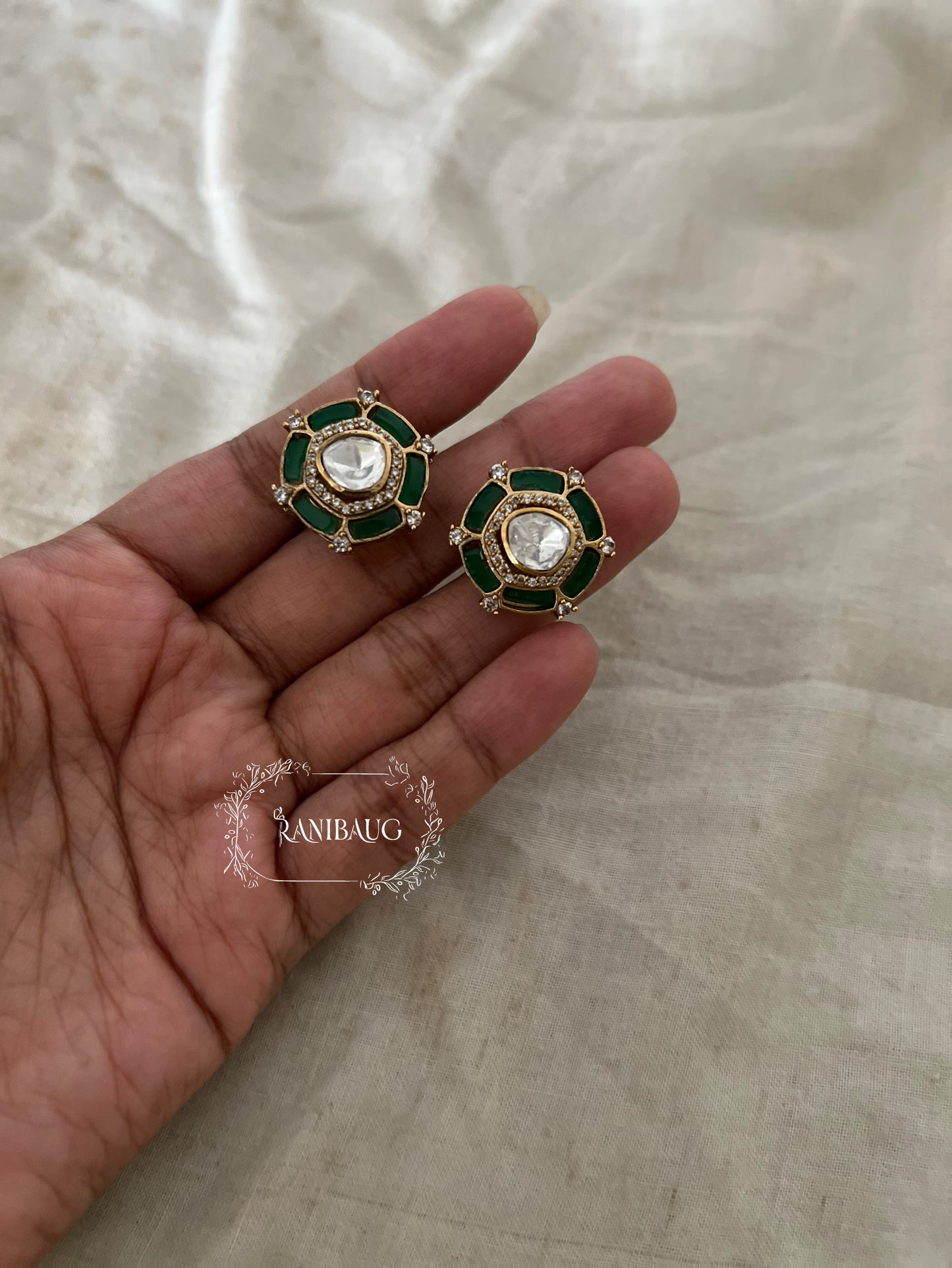 Rheana Gold Finish Red And Green Stone Adorned Kundan Studded Ear Stud By Ranibaug