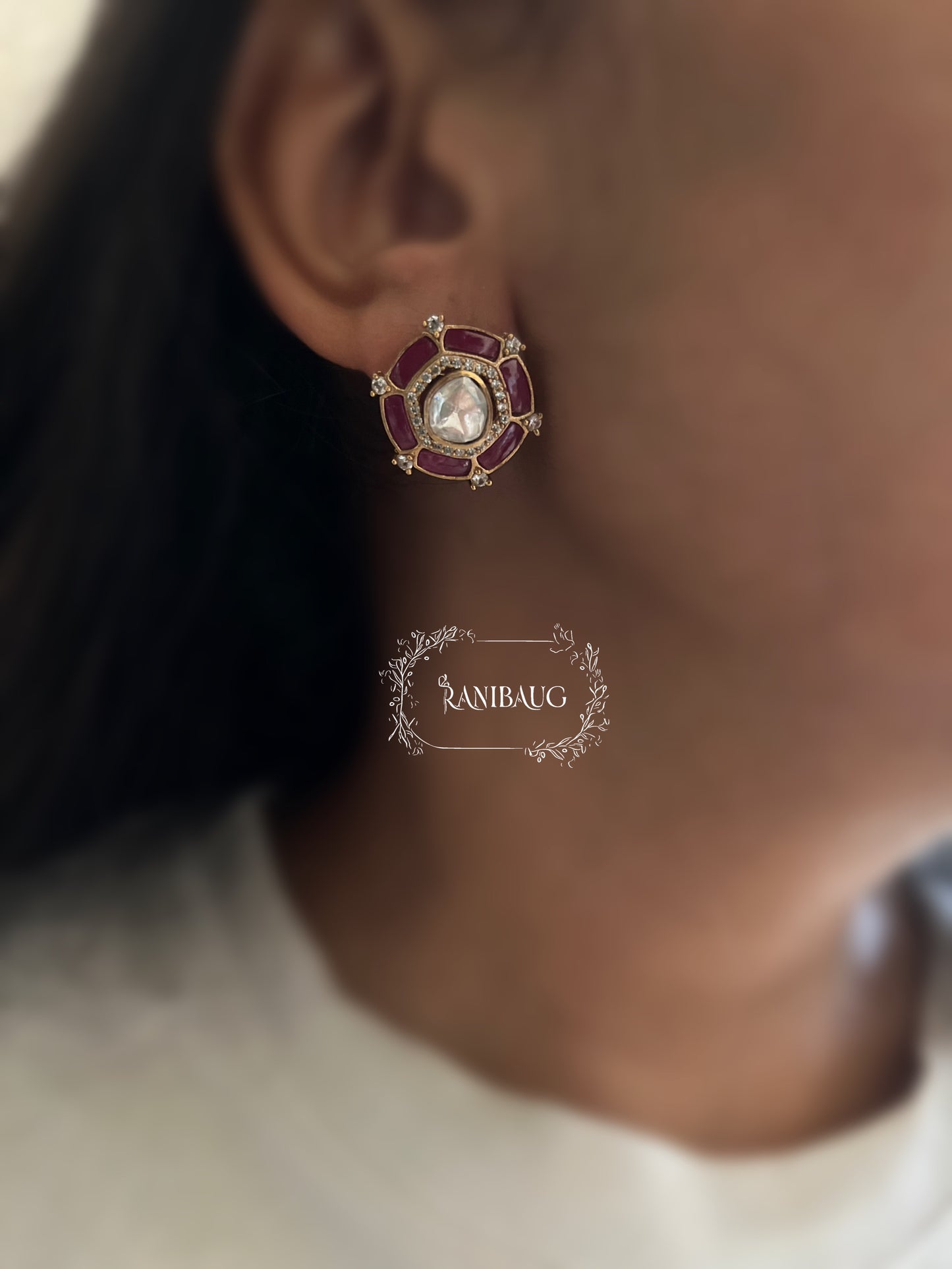 Rheana Gold Finish Red And Green Stone Adorned Kundan Studded Ear Stud By Ranibaug