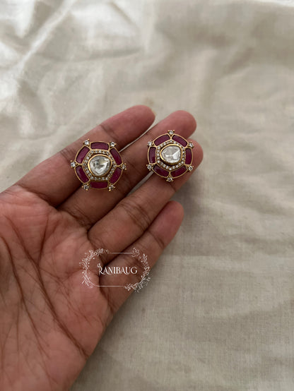 Rheana Gold Finish Red And Green Stone Adorned Kundan Studded Ear Stud By Ranibaug