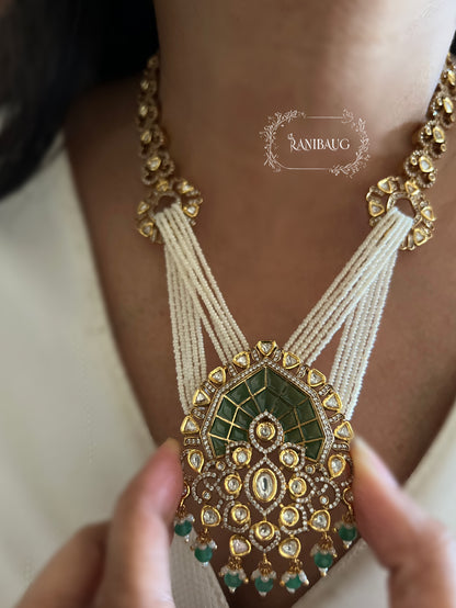 Richika Pearl Fringe Drape Style Polki Studded Gold Finish Unique Designer Jewellery Set By Ranibaug