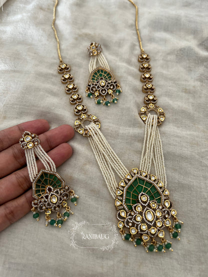 Richika Pearl Fringe Drape Style Polki Studded Gold Finish Unique Designer Jewellery Set By Ranibaug