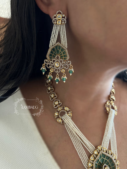 Richika Pearl Fringe Drape Style Polki Studded Gold Finish Unique Designer Jewellery Set By Ranibaug