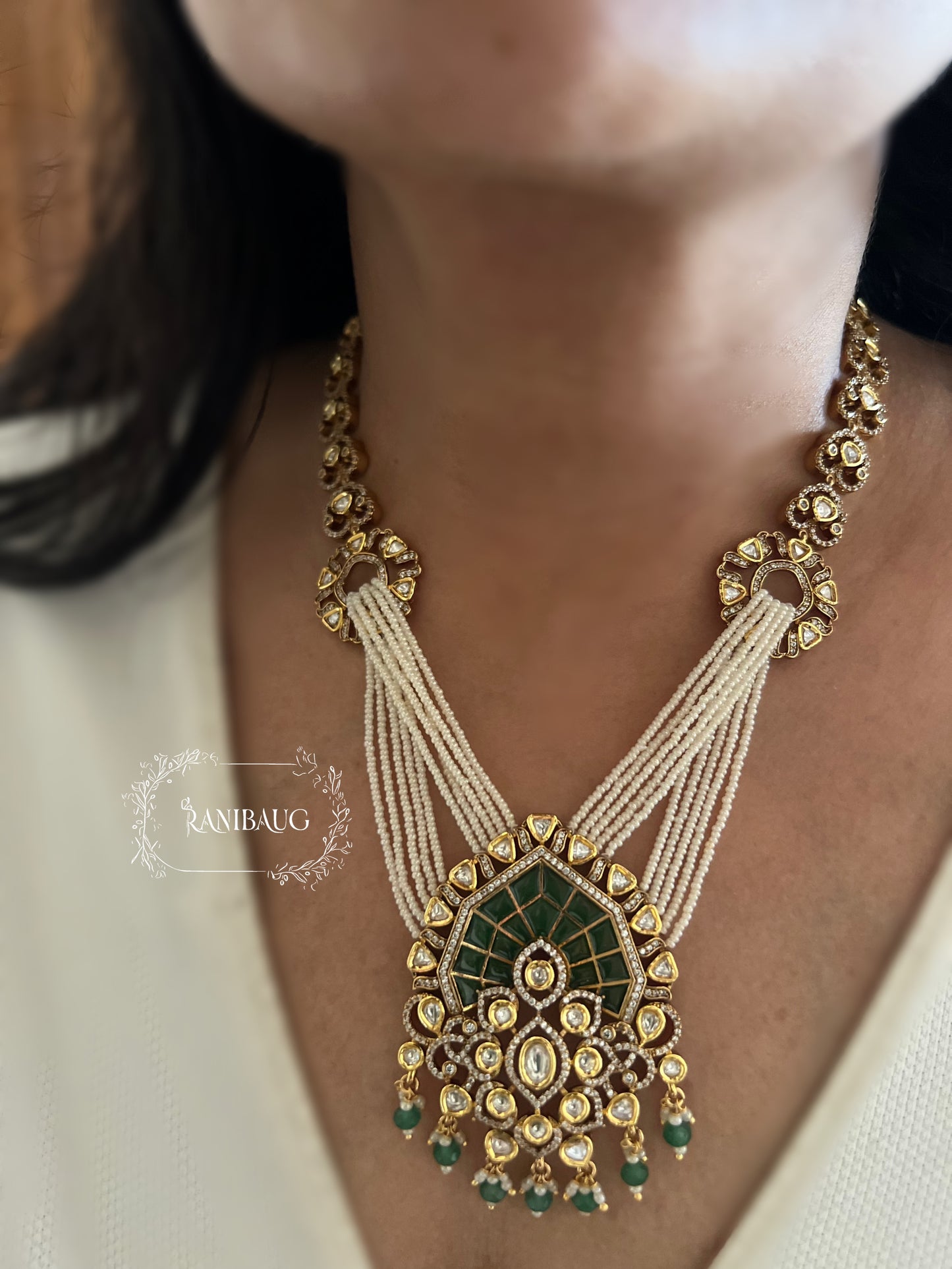 Richika Pearl Fringe Drape Style Polki Studded Gold Finish Unique Designer Jewellery Set By Ranibaug