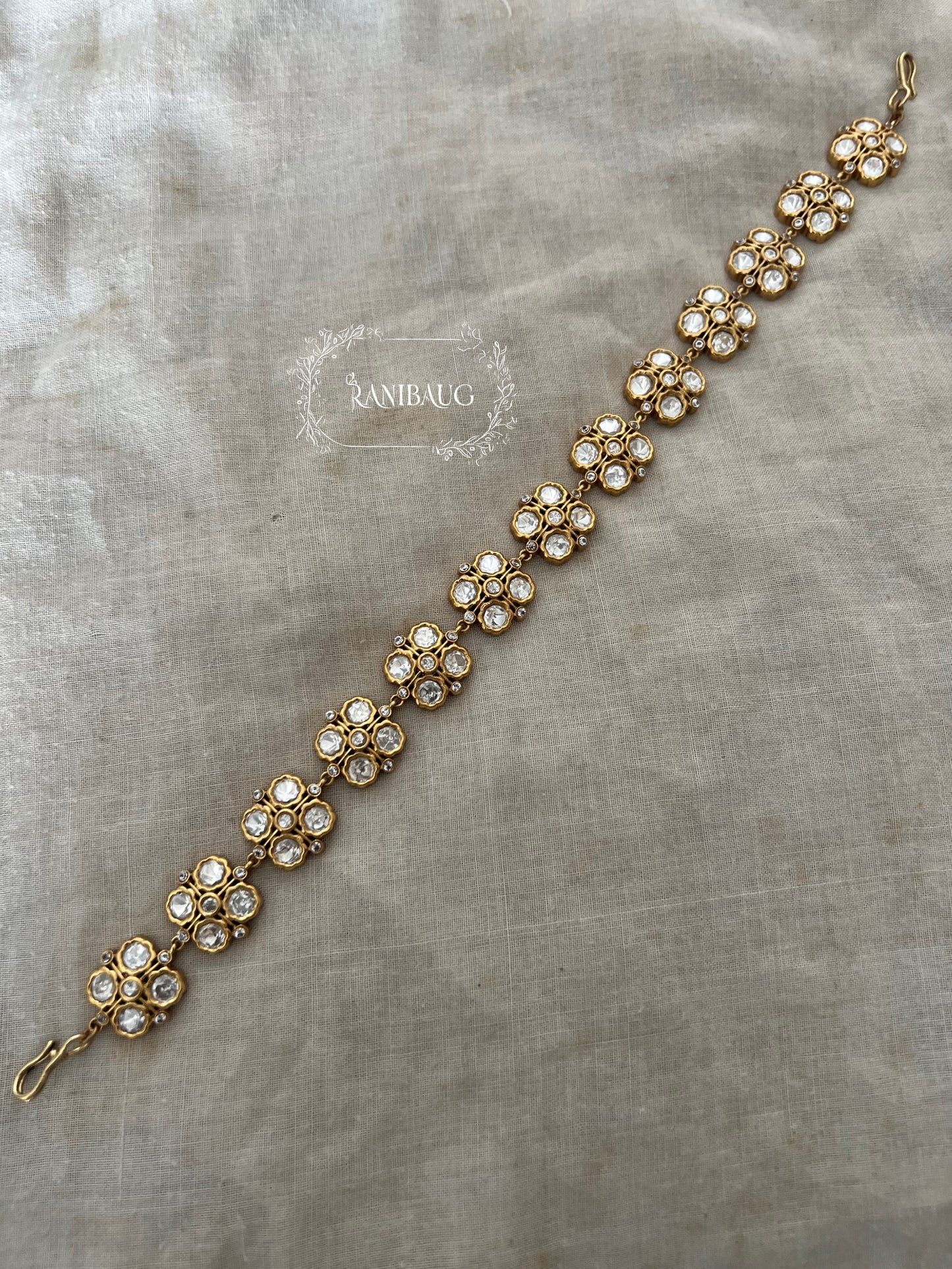 Riddhi Floral Mossainite Polki Four Leaf Clover Antique Gold Sheeshpatti By Ranibaug