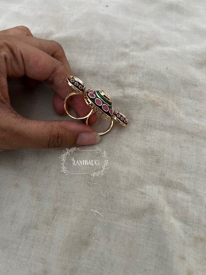 Riddhima Gold Finish Polki Studded Emerald Ruby Enamel Finish Two Finger Ring Jewelry By Ranibaug
