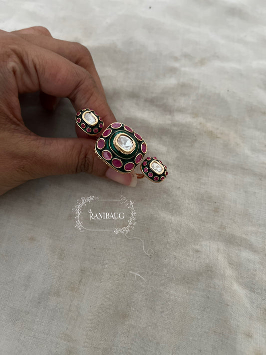 Riddhima Gold Finish Polki Studded Emerald Ruby Enamel Finish Two Finger Ring Jewelry By Ranibaug