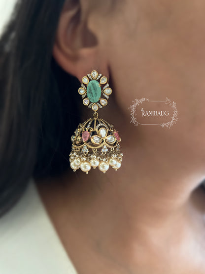 Ridha Polki Kundan Gold Finish Pastel Festive Jhumka By Ranibaug