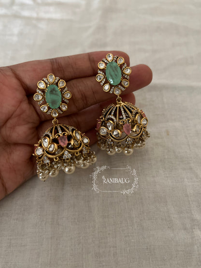 Ridha Polki Kundan Gold Finish Pastel Festive Jhumka By Ranibaug