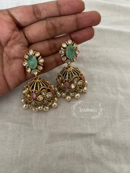 Ridha Polki Kundan Gold Finish Pastel Festive Jhumka By Ranibaug