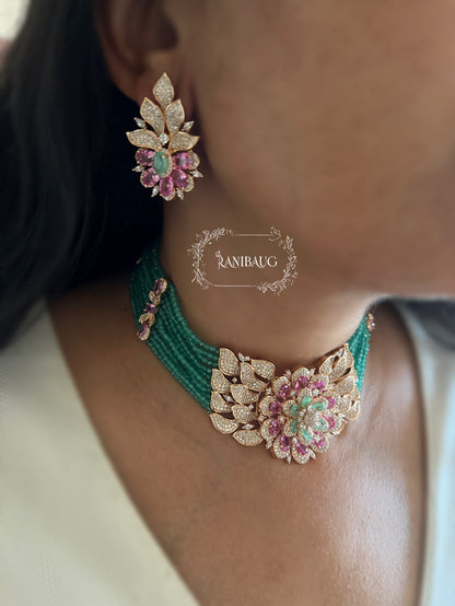 Rihana Traditional Emerald Beaded Pink Stones Gold Finish Diamond Jewellery Set By Ranibaug