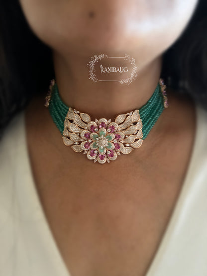 Rihana Traditional Emerald Beaded Pink Stones Gold Finish Diamond Jewellery Set By Ranibaug