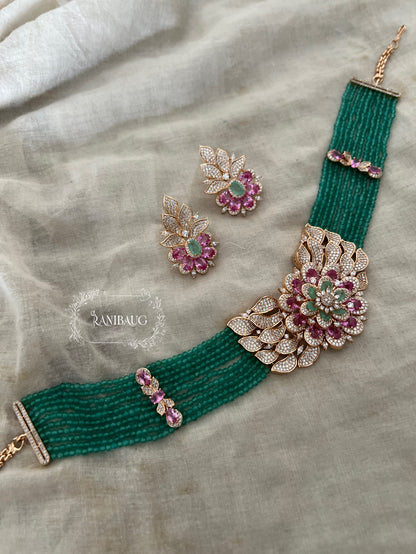 Rihana Traditional Emerald Beaded Pink Stones Gold Finish Diamond Jewellery Set By Ranibaug