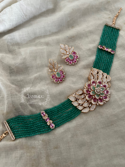 Rihana Traditional Emerald Beaded Pink Stones Gold Finish Diamond Jewellery Set By Ranibaug