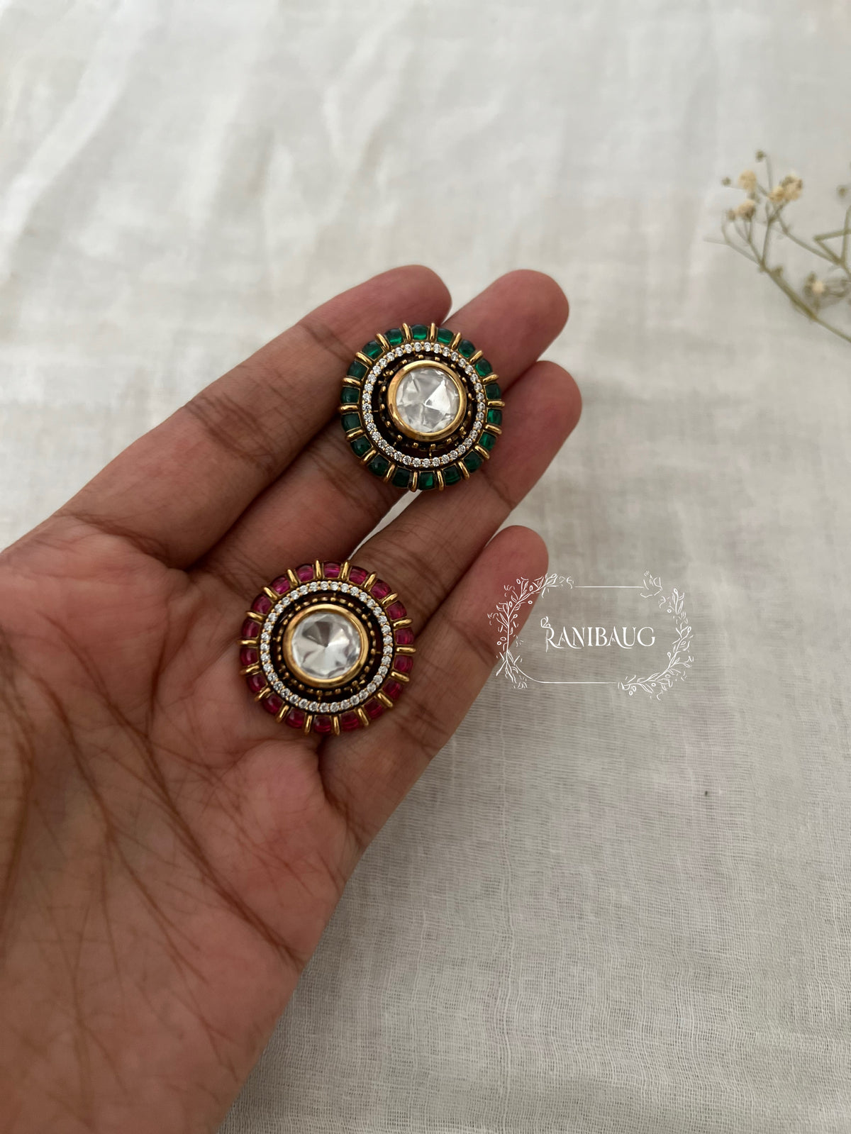 Rikta Polki Emerald Ruby Gold Finish Round Ring By Ranibaug