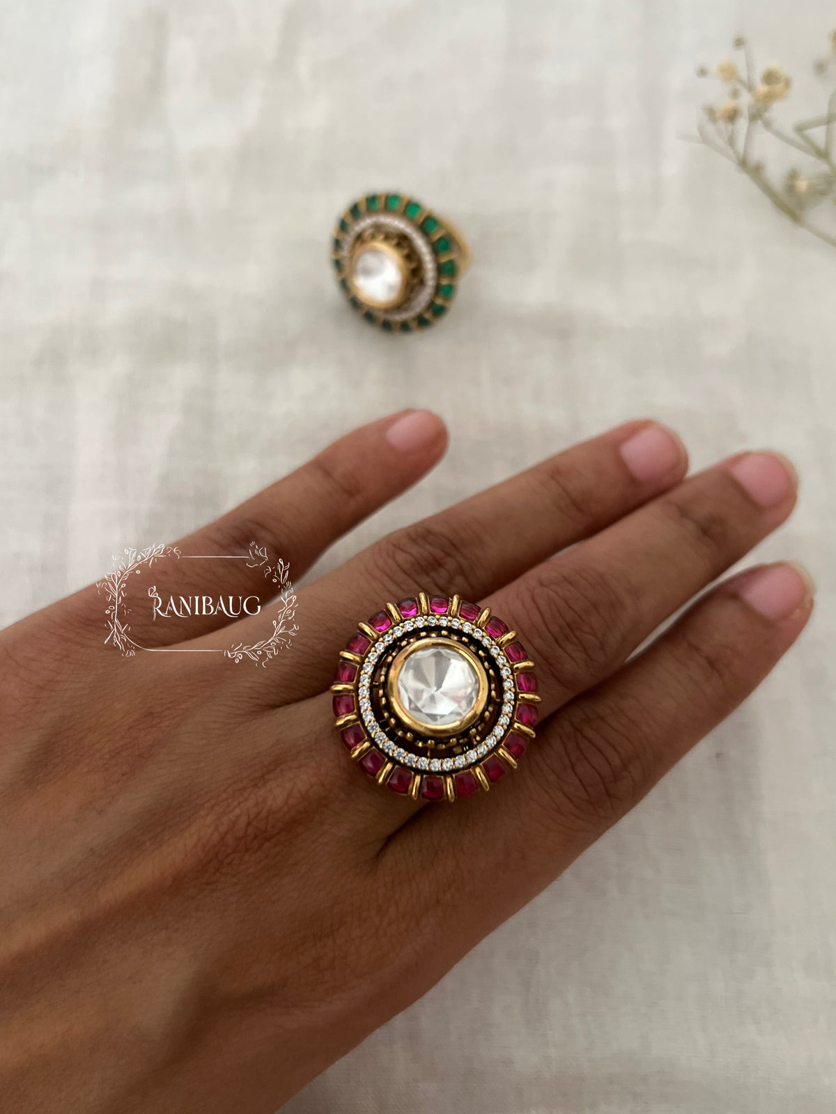 Rikta Polki Emerald Ruby Gold Finish Round Ring By Ranibaug