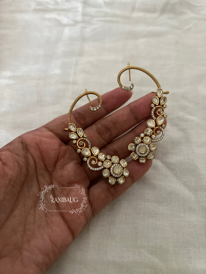 Risha Gold Finish Polki Studded Floral Designer Earcuff Earrings By Ranibaug | The Royal Wedding Collection 2026