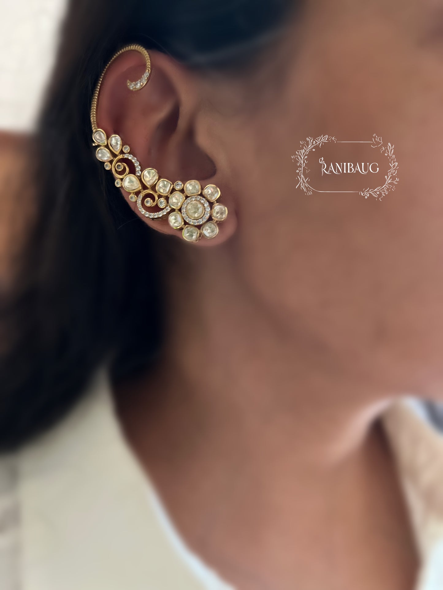 Risha Gold Finish Polki Studded Floral Designer Earcuff Earrings By Ranibaug | The Royal Wedding Collection 2026
