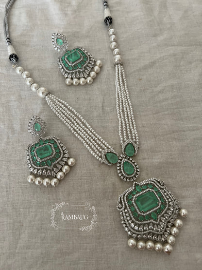 Risha Mint Pearl Adorned Diamond Necklace Set By Ranibaug