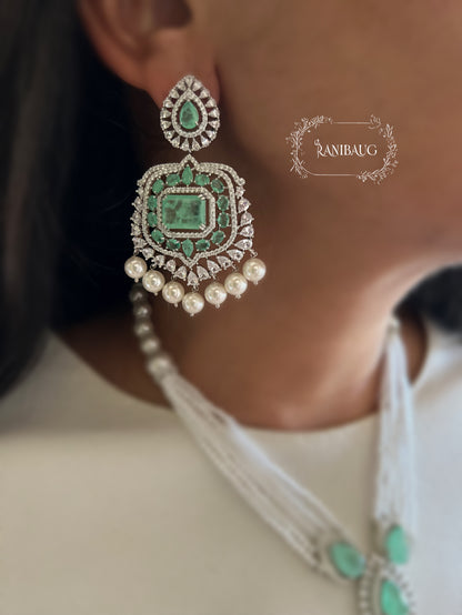Risha Mint Pearl Adorned Diamond Necklace Set By Ranibaug