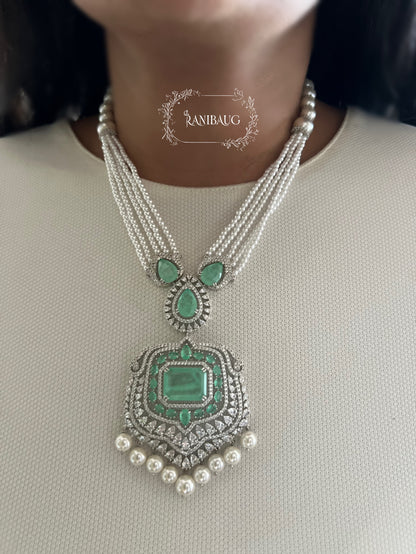Risha Mint Pearl Adorned Diamond Necklace Set By Ranibaug