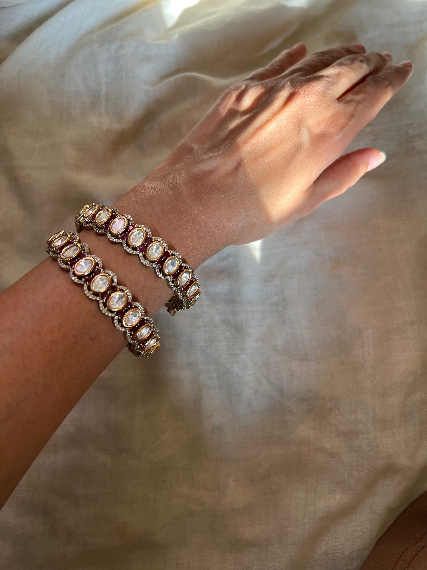 Risha Mossainite Polki Ruby Satones Gold Finish Victorian Bangles By Ranibaug