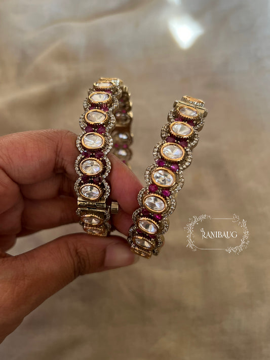 Risha Mossainite Polki Ruby Satones Gold Finish Victorian Bangles By Ranibaug