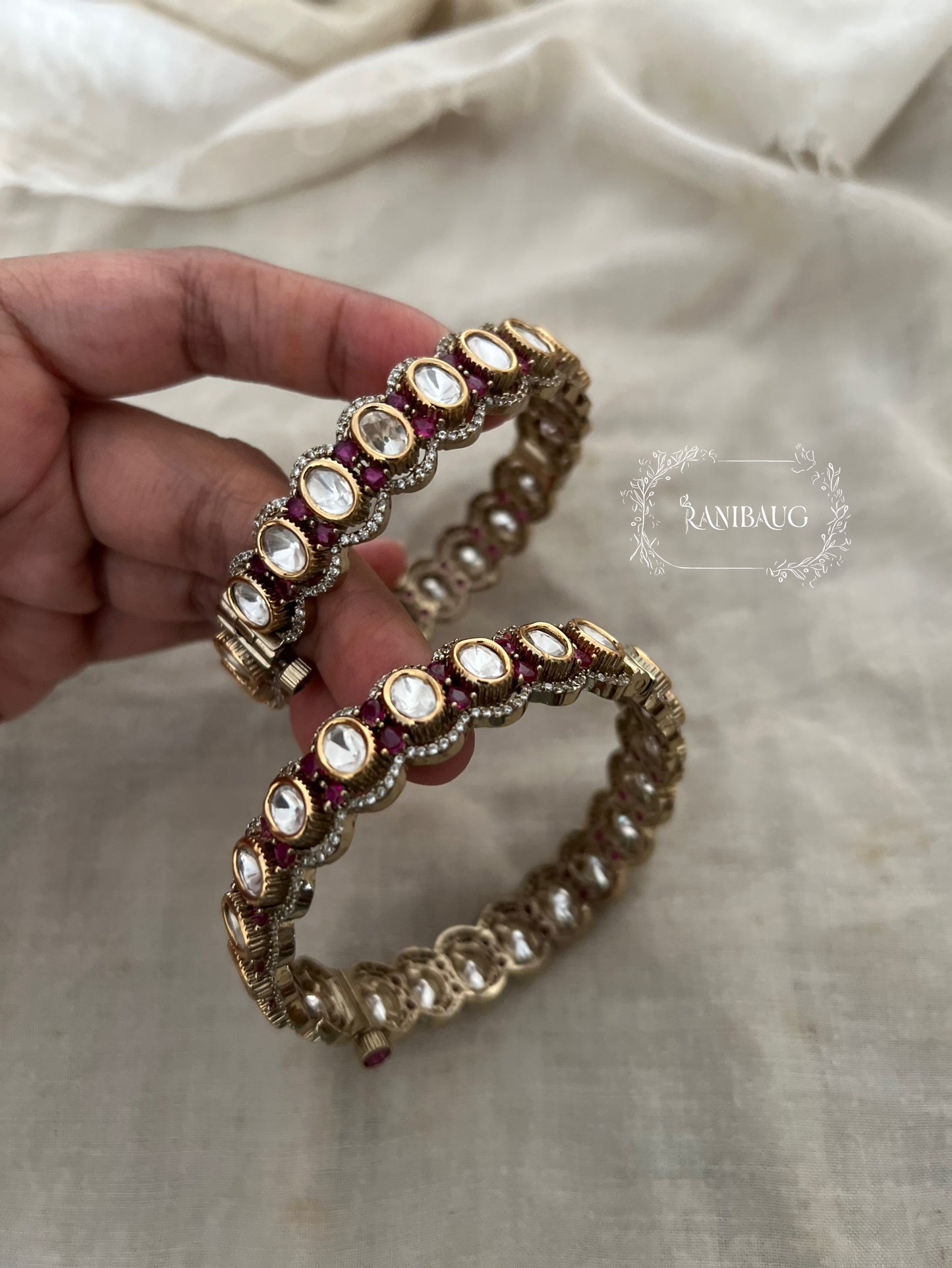 Risha Mossainite Polki Ruby Satones Gold Finish Victorian Bangles By Ranibaug
