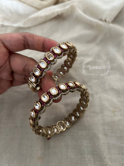 Risha Mossainite Polki Ruby Satones Gold Finish Victorian Bangles By Ranibaug