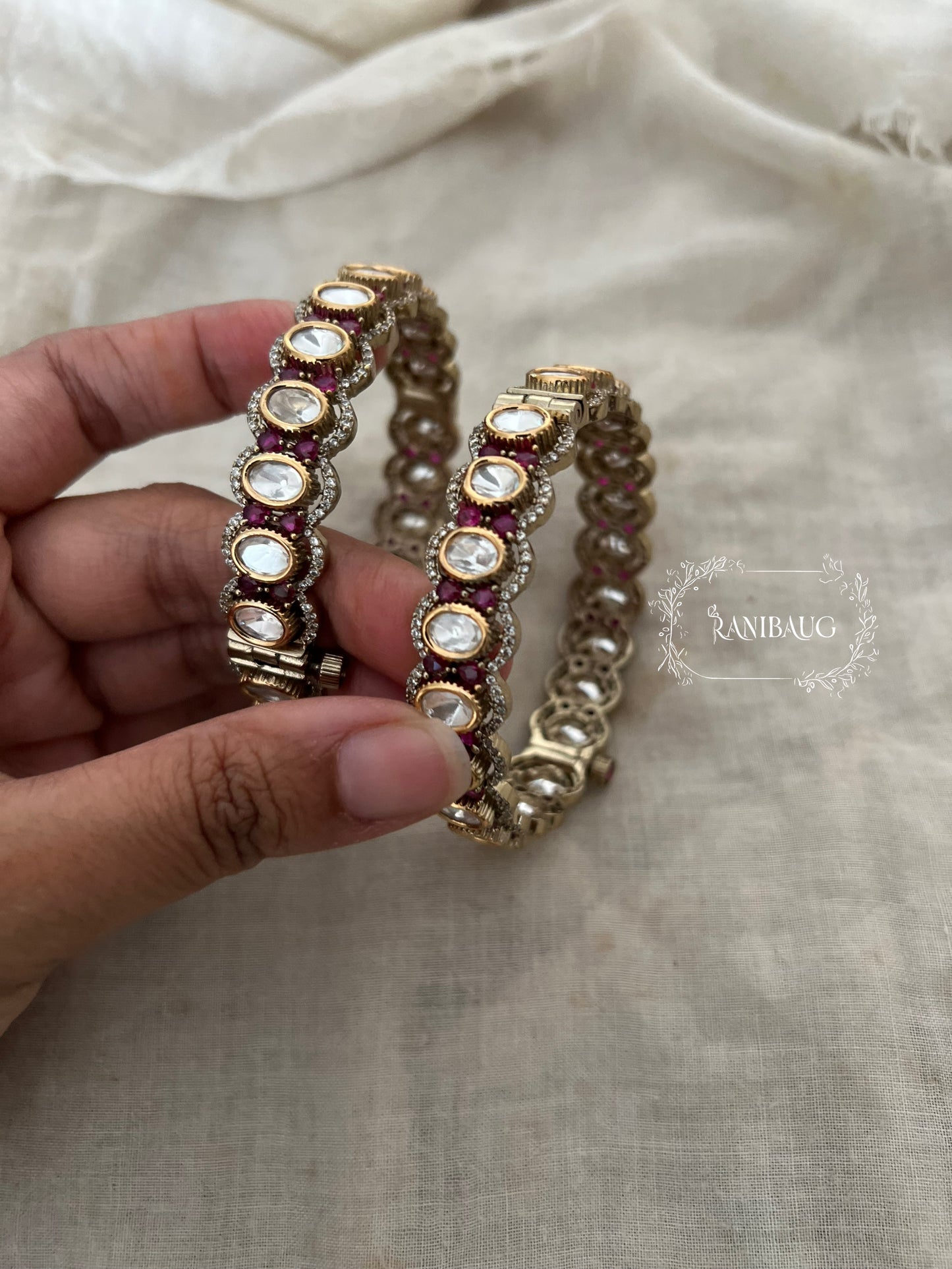 Risha Mossainite Polki Ruby Satones Gold Finish Victorian Bangles By Ranibaug