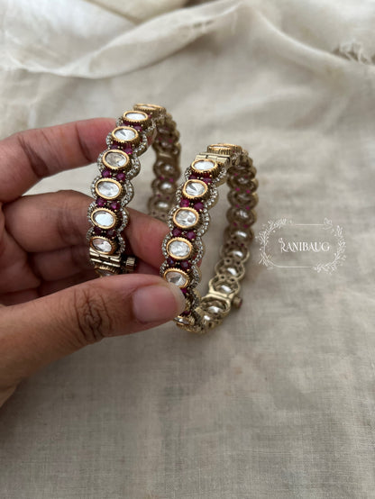 Risha Mossainite Polki Ruby Satones Gold Finish Victorian Bangles By Ranibaug
