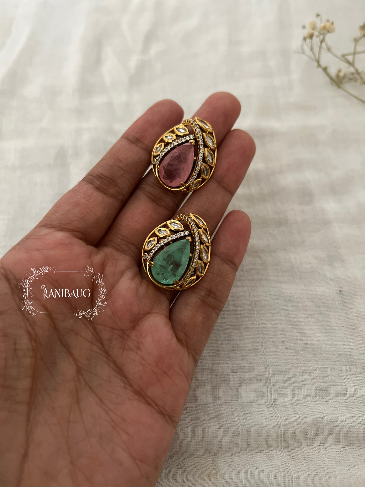 Risha Polki Gold Finish Gem Teardrop Motif Finger Ring By Ranibaug